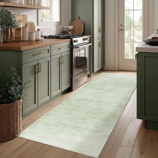 BILEEHOME Modern Abstract Neutral Green Kitchen Rugs Non Slip Washable Low Pile Bedside Rug Runners 2x6 Sage Green Floor Covering Carpet for Bathroom Laundry Room 2 x 6