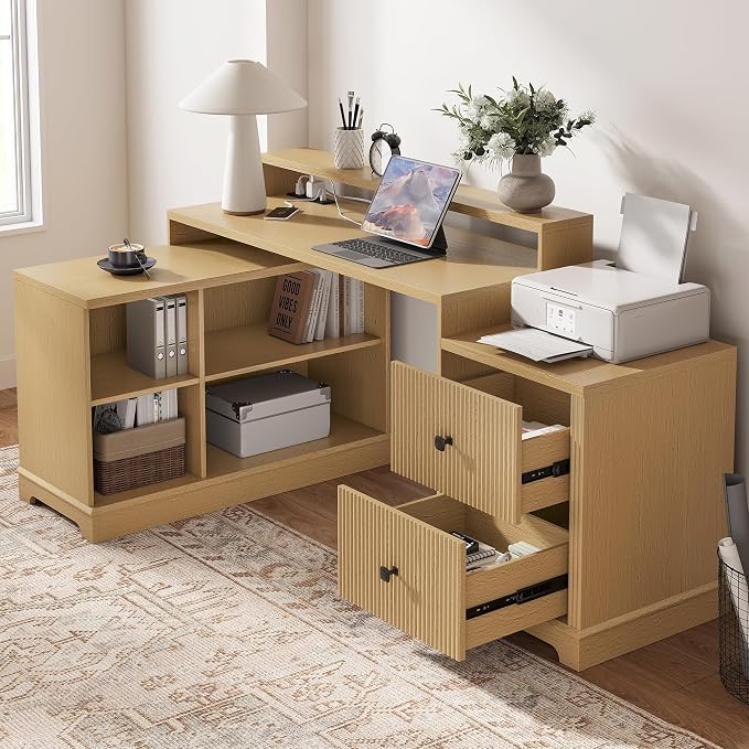 67" L Shaped Executive Desk with Drawers & Storage Shelf, Corner Computer Desk with Power Outlets, Home Office Desk with Monitor Stand, Printer Shelf, Computer Writing Desk for Work, Oak