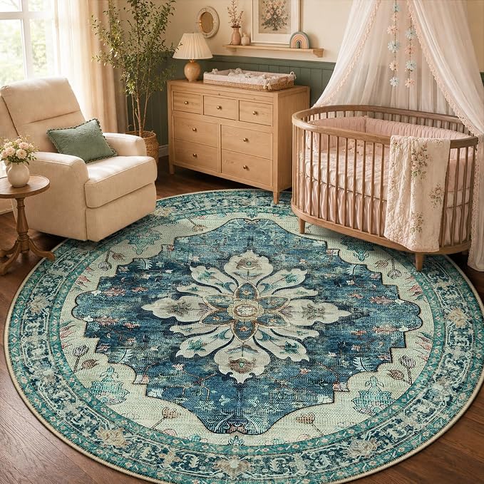 RELEANY Area Rugs Round 5ft Washable Non-Slip, Floral Vintage Distress Medallion Carpet for Living Room Bedroom Dining Room, Dark Blue Vintage