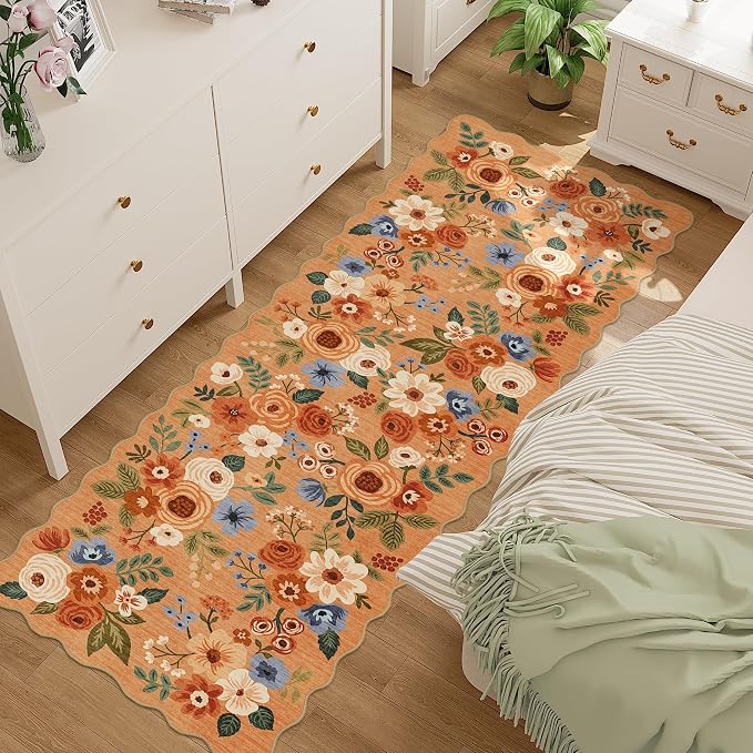 DUKINO 2.6x8 Runner Rug for Hallway, Washable Kitchen Rug with Non Slip Backing & Non-Shediing, Soft Low Pile Floral Design Runner for Bedroom, Kithchen, Living Room, Laundry, Bathroom, Orange