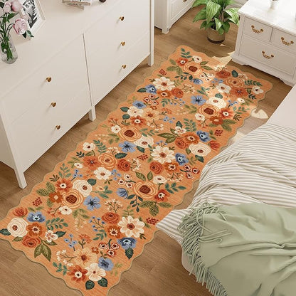 DUKINO 2.6x8 Runner Rug for Hallway, Washable Kitchen Rug with Non Slip Backing & Non-Shediing, Soft Low Pile Floral Design Runner for Bedroom, Kithchen, Living Room, Laundry, Bathroom, Orange