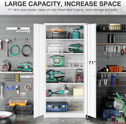 White Metal Storage Cabinet with 2 Doors and 6 Shelves,71" Tall Metal Cabinet with Lock,Lockable Garage Storage Cabinets,Locking File Cabinet,Steel Tool Cabinets for Home,Office,Garage,Shop