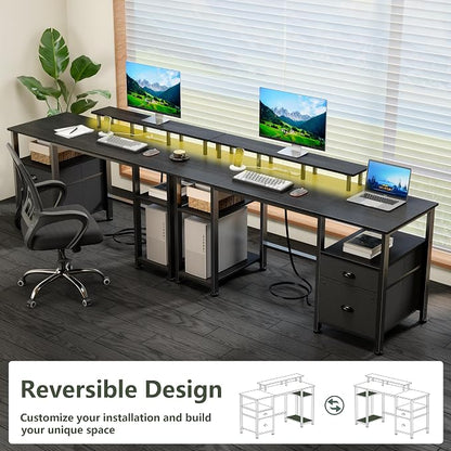 Furologee 61" Gaming Desk with Power Outlets & LED Lights, Reversible Computer Desk with File Cabinet & Monitor Stand for Home Office, Large Work Table with Storage Shelves & Drawer, Black