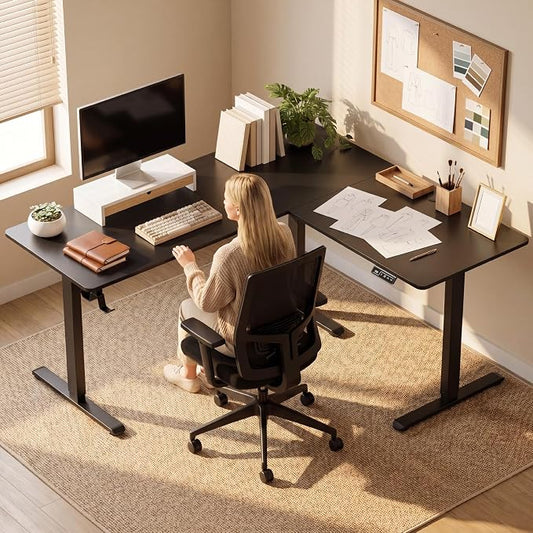 Furmax 63 x 48 Inch L Shaped Standing Desk with 2 Preset Heights, Electric Height Adjustable Computer Table, 2 Hooks & Feet Balance, Corner Sit Stand Desk for Home Office (White, 63 x 48 Inch)
