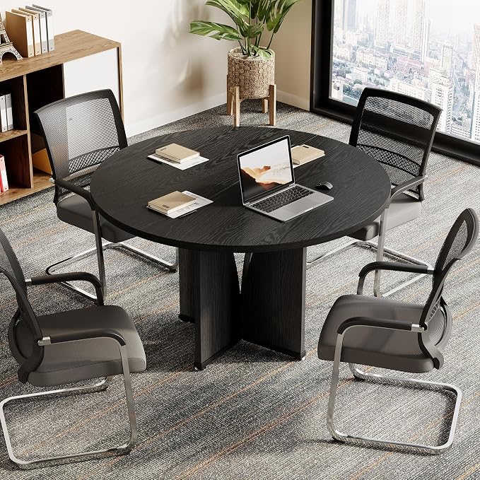 LITTLE TREE 39-Inch Small Conference Table for 4, Round Meeting Table with X-Shape Pedestal, for Office, Conference Room, Small Spaces, Black