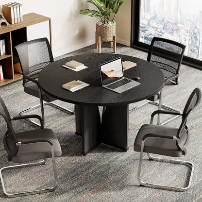 LITTLE TREE 39-Inch Small Conference Table for 4, Round Meeting Table with X-Shape Pedestal, for Office, Conference Room, Small Spaces, Black