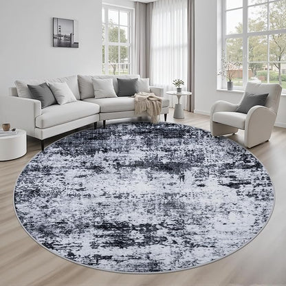 Round Area Rug for Living Room: 6 ft Washable Modern Abstract Soft Thin Rug Indoor Floor No Slip Stain Resistant Carpet for Bedroom Dining Room Farmhouse Nursery Home Office - Black