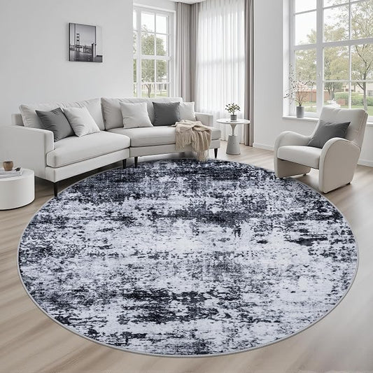 Round Area Rug for Living Room: 6 ft Washable Modern Abstract Soft Thin Rug Indoor Floor No Slip Stain Resistant Carpet for Bedroom Dining Room Farmhouse Nursery Home Office - Black