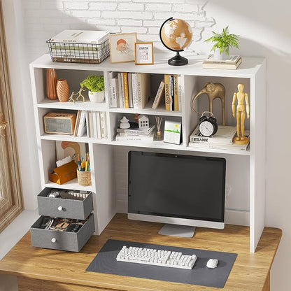 REIBII Desktop Bookshelf,Adjustable Desktop Organizer,High-Capacity Desk Hutch Organizer with 7 Shelves and 2 Drawers for Computer Desk,Desk Shelf for Top of Desk, Desk Hutch Dorm, White