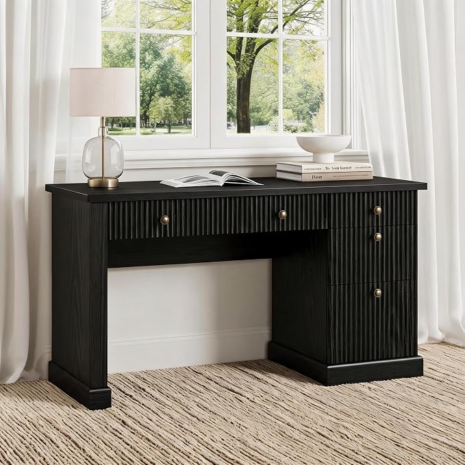 IDEALHOUSE 54" Executive Desk with Fluted Wave Board Design, Home Office Computer Desk with 3 Drawers and Storage Cabinet, Built-in USB Ports & Power Outlets, Modern Writing Table for Bedroom Black