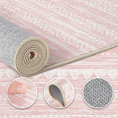 Nakagishi Pink Rugs for Bedroom Girls: 7x9 Washable Boho Large Neutral Cute Soft Area Rug Modern Indoor Floor Non Slip Accent Carpet for Living Room Nursery Kids Playroom Preppy Room Dorm Baby Room