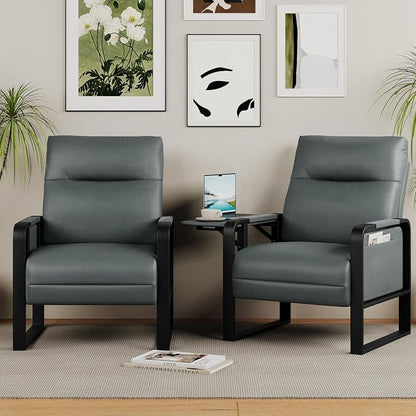 Upholstered Living Room Chair Armchair Set of 2, Mid Century Faux Leather Metal Accent Chair, Reception Couch Slipper Club Lounge Chair Guest Comfy Single Sofa with Sidetable-Dark Grey