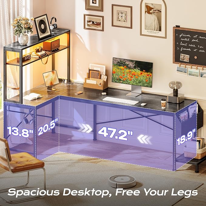 PRAISUN L Shaped Gaming Desk with LED Lights & Power Outlets, Reversible Computer Desk with Storage Shelves & Bag, Large Corner Home Office Desk with Pegboard for Work from Home, Grey