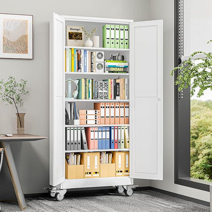 winiowa 75" Tall Metal Garage Storage Cabinet with Wheels, Steel Locking Rolling Tool Cabinet with 5 Adjustable Shelves for Garage,Home,Office (White)