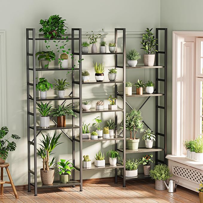 SUPERJARE Triple Bookshelf, Bookcase with 17 Open Display Shelves, Wide Book Shelf Book Case for Home & Office, 6 Tier, Grey