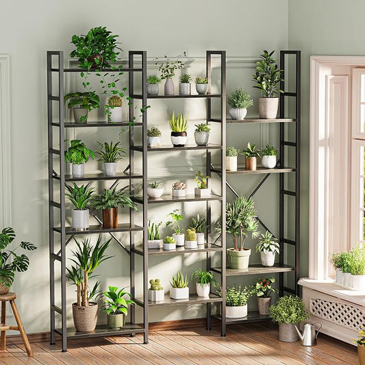 SUPERJARE Triple Bookshelf, Bookcase with 17 Open Display Shelves, Wide Book Shelf Book Case for Home & Office, 6 Tier, Grey