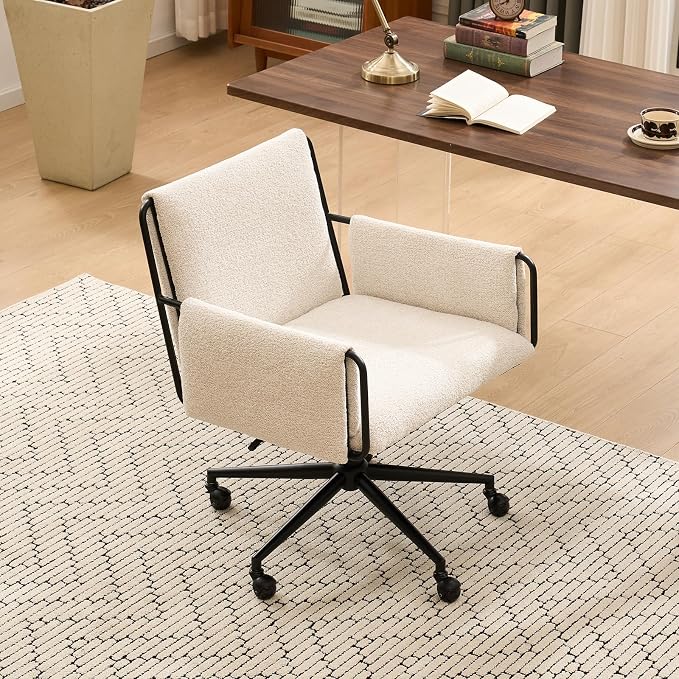 Rowill Modern Office Chair, Beige Boucle Fabric, Adjustable Height, 300 LBS Capacity, Wheels, Arm Rest, Perfect for Home Office, Bedroom, Makeup Room