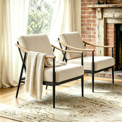 RNKSFX Modern Accent Chairs Set of 2 for Living Room Bedroom Mid Century Arm Chairs Upholstered Office Accent Chairs Comfy Waiting Room Chairs with Metal Frame, Beige