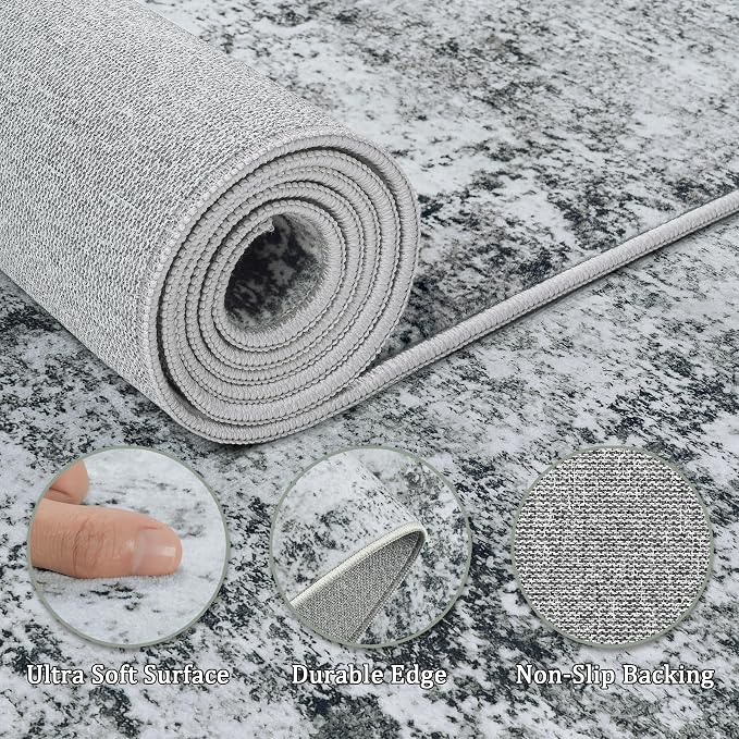8x10 Area Rug Living Room Rugs - Washable Rug Large Modern Abstract Soft Thin Carpets Indoor Floor No Slip Vintage Carpet for Bedroom Under Dining Table Nursery Home Office Decor Gray White