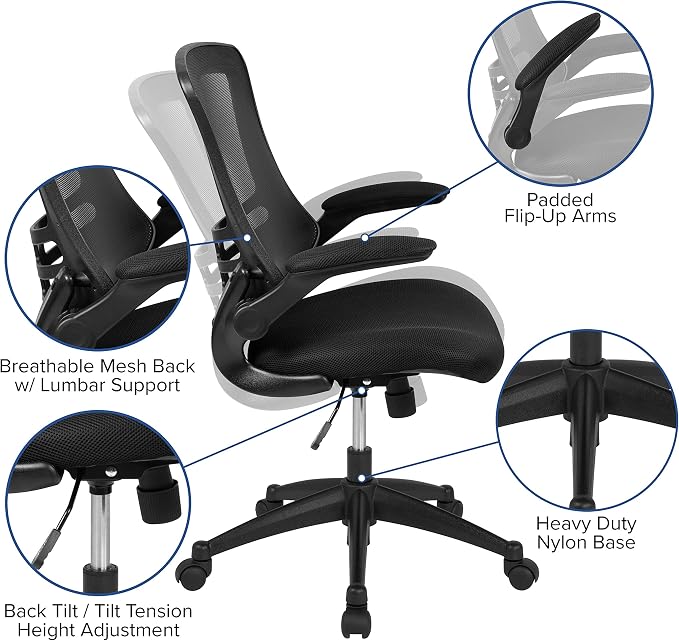 Flash Furniture Set of 4 Mid-Back Swivel Ergonomic Task Office Chairs with Flip-Up Arms, Black Mesh