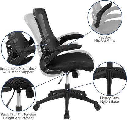 Flash Furniture Set of 4 Mid-Back Swivel Ergonomic Task Office Chairs with Flip-Up Arms, Black Mesh