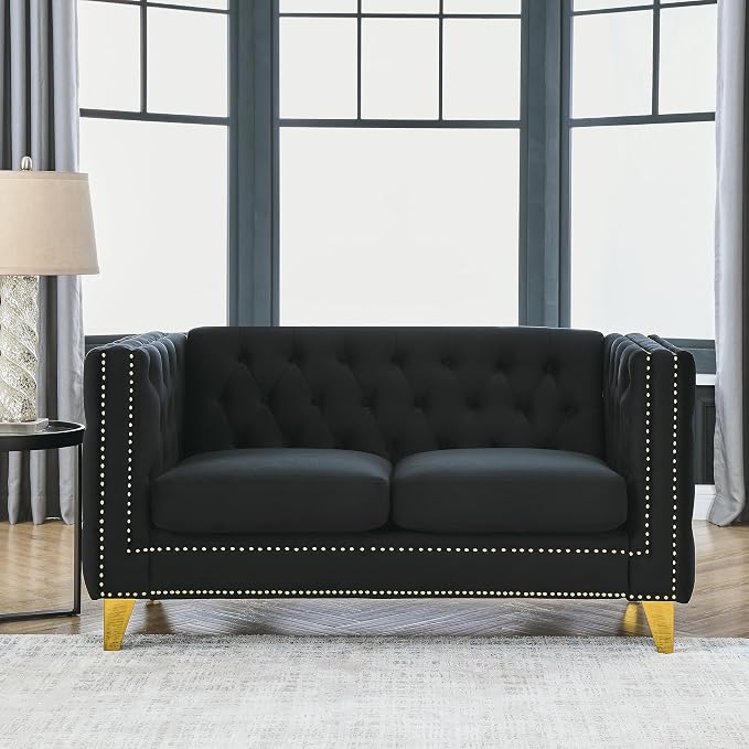 mikibama 58" Velvet Loveseat Sofa Couch for Living Room,Button Tufted 2 Seater Couches with Nailhead Trims,Modern Upholstered 2-seat Sofas with Golden Metal Legs for Bedrooom,Office