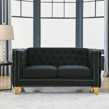 mikibama 58" Velvet Loveseat Sofa Couch for Living Room,Button Tufted 2 Seater Couches with Nailhead Trims,Modern Upholstered 2-seat Sofas with Golden Metal Legs for Bedrooom,Office