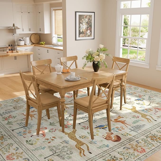 DUKINO 6x9 Rug, Washable Animal Living Room Rug with Non Slip Vintage Design, Soft Low Pile Large Carpet for Bedroom, Nursery, Dining Room, Farmhouse, Playroom, White