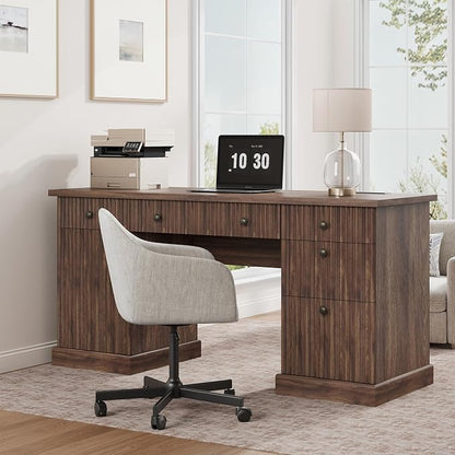 Garvee 60" Office Desk with Storage & Drawers, Fluted Wood Executive Desk with File Drawer & Charging Station, Modern Computer Desk with Adjustable Shelves for Home Office, Brown