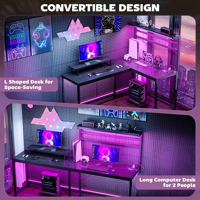 HOMCOM Gaming Desk, 62" L Shaped Desk with Power Outlets & LED Lights, 86" 2 Person Computer Table with Shelf & Rolling CPU Stand, Reversible Corner Office Table with Hutch, Black