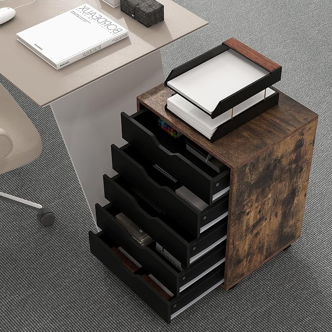 5 Drawers File Cabinet, Vertical Filing for Home Office, Mobile Under Desk Storage With Wheels, Modern Chest of Drawers for Bedroom (Rustic Brown)