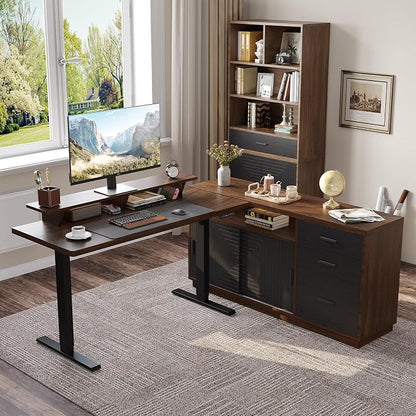 ONBRILL Home Office Furniture Sets, 63'' Standing Desk with 55'' File Cabinet, Electric Height Adjustable Standing Desk with 71'' Tall Modern Bookshelf, Home Office Furniture Set, Walnut