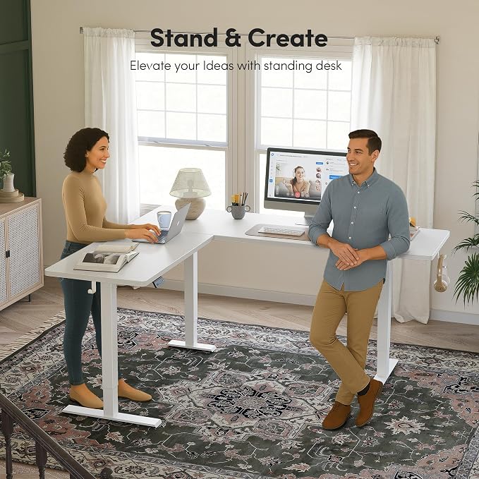 BANTI L-Shaped Standing Desk - 75 x 63 Inch Adjustable Corner Standing Desk with Charging Station - L Shape Sit Stand Table with Memory Controller, Splice Board for Home Office, White