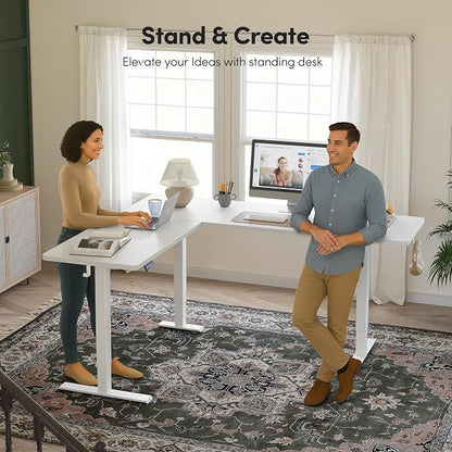 BANTI L-Shaped Standing Desk - 75 x 63 Inch Adjustable Corner Standing Desk with Charging Station - L Shape Sit Stand Table with Memory Controller, Splice Board for Home Office, White