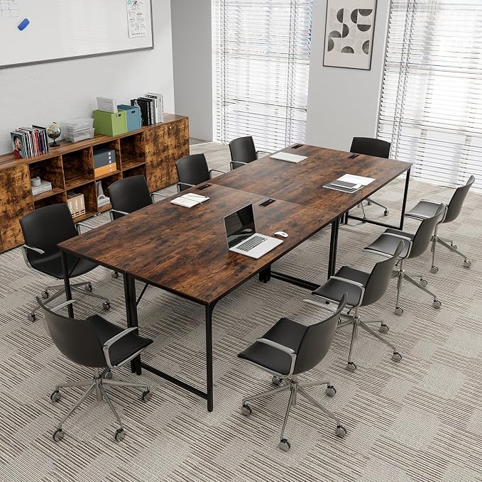 COSTWAY Home Office Desk, 32 Inch Computer Desk with Recessed Power Strip, Storage Bag & Headphone Hook, Wide Desktop, Modern Computer Workstation Writing Table for Home, Office (Rustic Brown + Black)