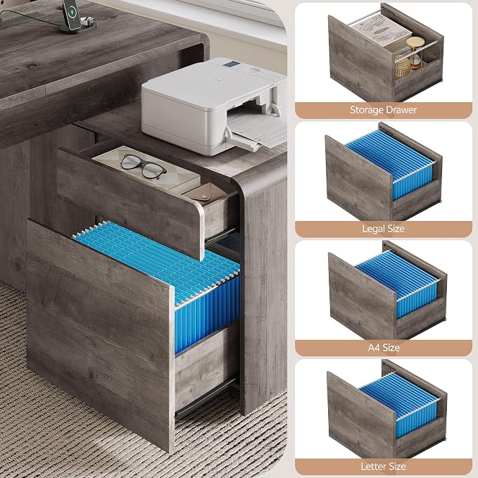 Mid-Century Modern 78" L-Shaped Executive Desk with Independent Mobile File Cabinet, Large Home Office Desk with Drawers and 4 AC + 2 USB Power Outlets, Waterfall Edge Design, Grey Oak