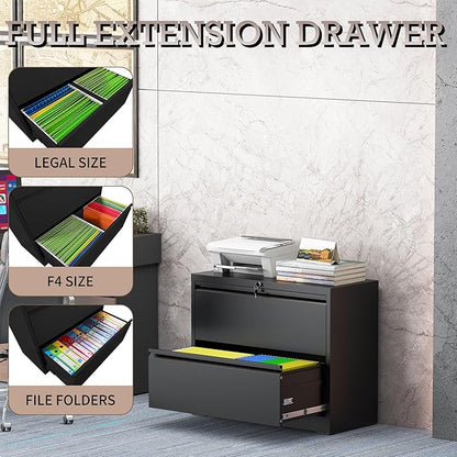 2 Drawer File Cabinet, Lateral File Cabinet with Lock, Metal Lateral Filing Cabinets for Home Office, File Storage Cabinet for Legal/Letter/A4 Documents, Assembly Required (Black, 35'W)