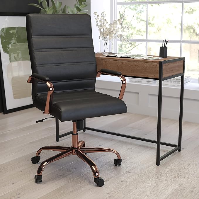 Merrick Lane Milano Contemporary High-Back Black Faux Leather Home Office Chair with Padded Rose Gold Arms