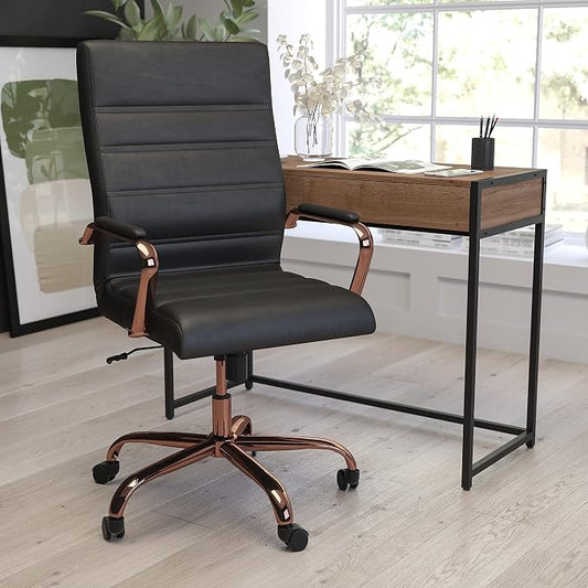 Merrick Lane Milano Contemporary High-Back Black Faux Leather Home Office Chair with Padded Rose Gold Arms