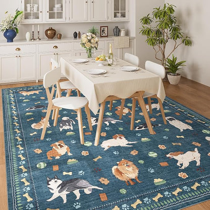 DUKINO 8x10 Area Rug, Non Slip Washable Animal Dog Rug for Living Room, Stain Resistant & Low Pile Indoor Floor Large Carpet for Bedroom, Farmhouse, Nursery, Dining Room, Kids Playroom, Blue