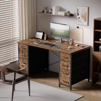 Pamray 47 Inch Computer Desk with 8 Fabric Drawers PC Gaming Desk Home Office Study Work Writing Table for Bedroom Vintage