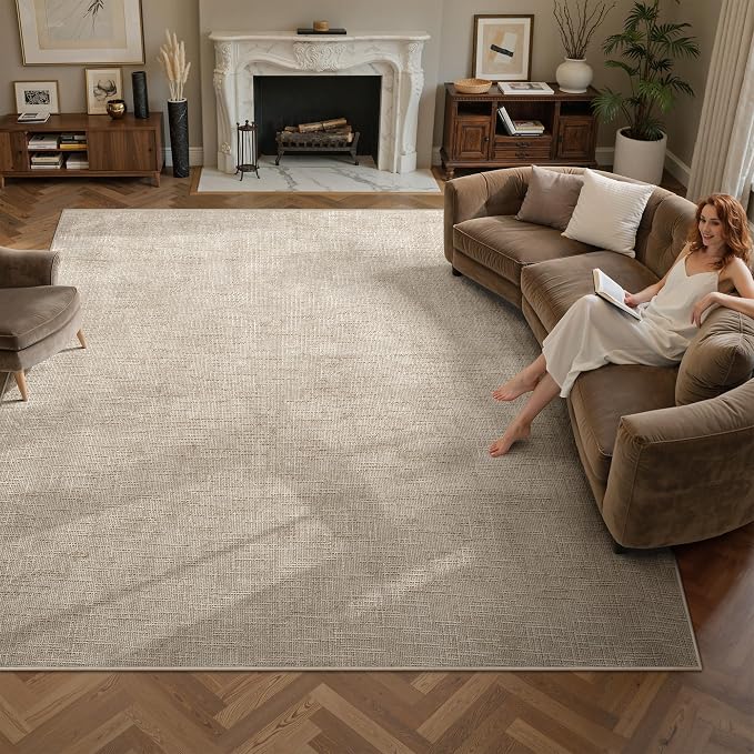 Valenrug 9x12 Area Rug - Stain Resistant Area Rugs 9x12 Living Room, Non Slip High-Low Pile Textured Area Rugs for Bedroom, Folable Machine Washable Rugs (9'x12', Beige)