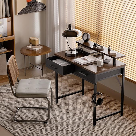 Pamray 32 Inch Small Computer Desk with Monitor Stand Home Office Desks with 2 Drawers for Bedroom Study Writing and Work Table for Small Spaces Brown