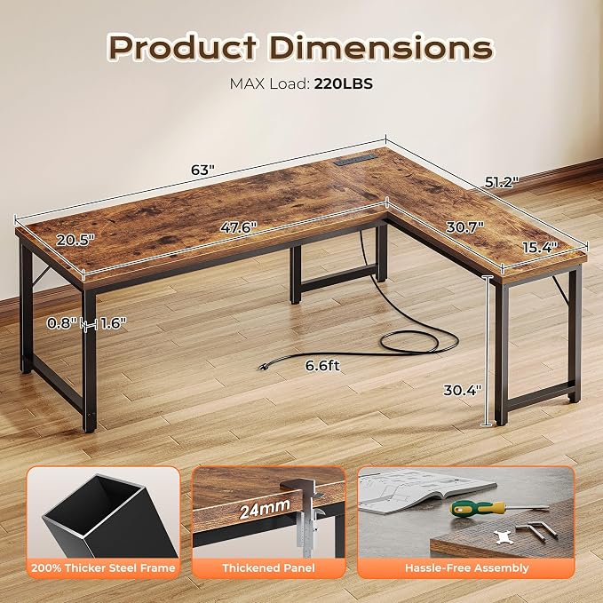 Huuger 63 Inch L Shaped Desk with Power Outlets and USB-C Port, 0.95 Inch Thicker Desktop, Reversible Computer Desk, Larger Office Corner Gaming Desk, Metal Frame, for Home Office, Study, Rustic Brown