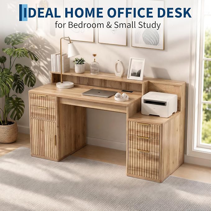 IDEALHOUSE Rectangular Computer Desk with Hutch & Printer Stand, Ripple Door Storage Home Office Desk, Space-Saving Study Writing Desk for Bedroom, Sturdy Board Student Desk with Easy Assembly