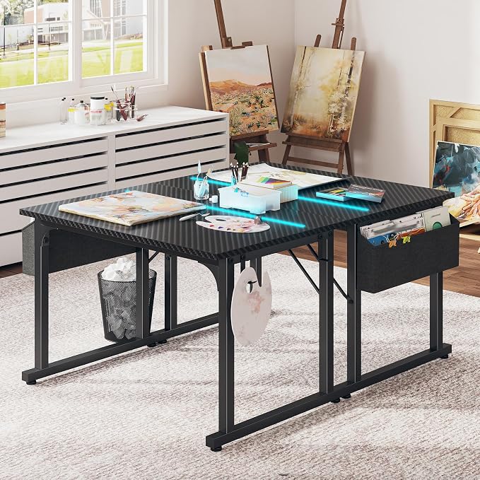 DurayLoly 32" Gaming Desk with Waterproof LED Lights, Carbon Fiber Desktop for Small Spaces | Home Office Study Computer Desk with Storage Bag & Headphone Hook, Black