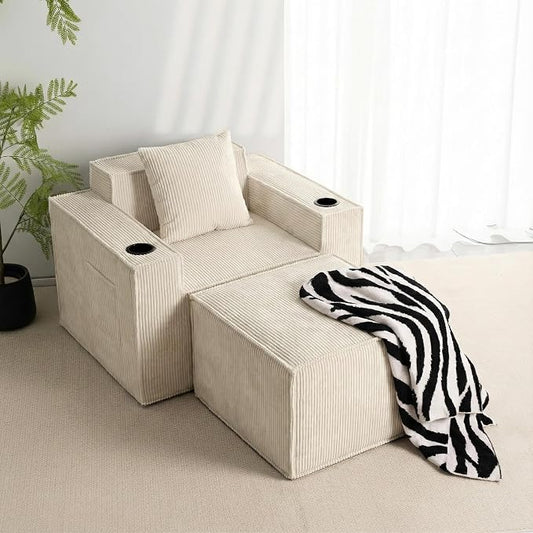 Cloud Single Sofa,Comfy Lounge Chair with Elevated Seat Height, Cup Holder & Side Pocket,No Assembly Required, Foam Couch for Small Space Bedroom Office Apartment (White, with Ottoman)