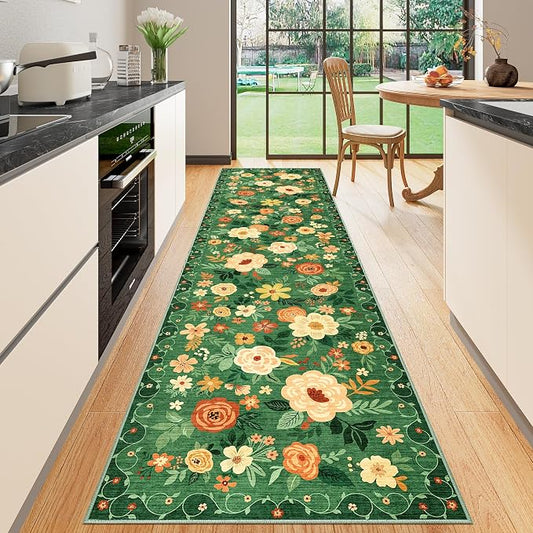 DUKINO Runner Rug for Hallway, 2.6x10 Washable Floral Long Kitchen Rug with Non Slip Backing, Lightweight & Stain Resistant Runners for Indoor Entrance, Laundry, Living Room, Bedroom, Dark Green