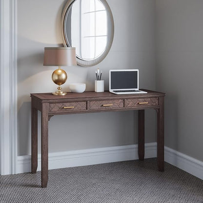Jofran Mid-Century Modern Acacia Wood Writing Desk with 3 Drawers and USB Charging Port, 48 Inch Computer Desk for Home Office Work, Dark Chevron