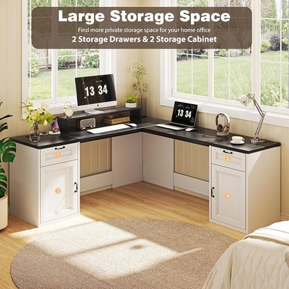 HUAHUU 78" Farmhouse L Shaped Executive Desk with Drawers, Modern Computer Desk with Power Outlets, Office Writing Desk with Monitor Stand & Storage Cabinet, Printer Shelf, Antique White